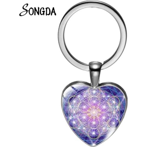 Mysterious Metatron Cube Heart Keychain Sacred Geometry Flower of Life Glass Magic Hexagram Metal Holder Key Ring Jewelry Gifts