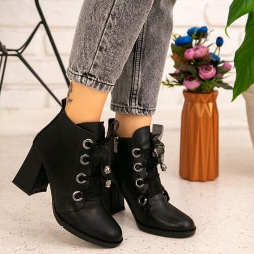 Tonar Sacira Black Skin Heels Women Boots Ribbons Lace-Up Zipper New Season