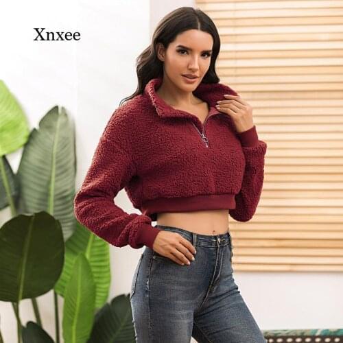 Zipper V-Neck Crop Tops Sweatshirts Women Plush Pullovers Autumn Winter Sexy Streetwear Casual Loose Sports Tracksuit Clothing