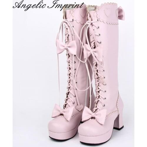 Japanese Sweet Lolita Cosplay Boots Princess Girl Lace Up Bowtie Chunky High Heel Boots