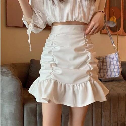 Skirts Women Solid A-line Summer Ruched Mini Hem Ruffles New Ulzzang Chic All-match High Waist Fashion Korean Lovely Girls Skirt