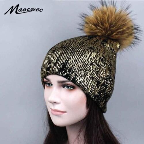 Bronzing Gold and Silver with Caps Real Raccoon fur pompon hat for women Winter Women Hat Beanie for Women 2017 Brand Skullies