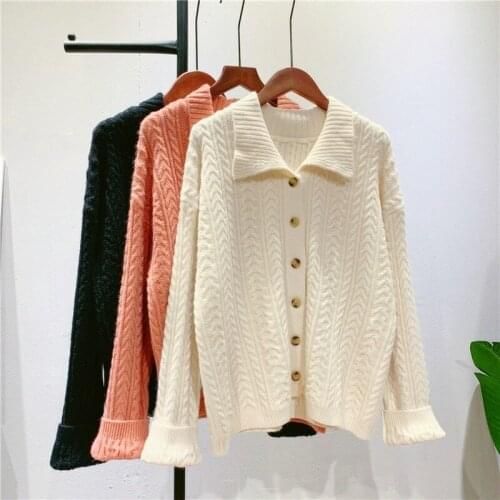 Vintage Twist Knitted Cardigan Women Lapel Single Breasted Sweater Jacket Female Spring Autumn Outwear Korean Black Cardigan Top