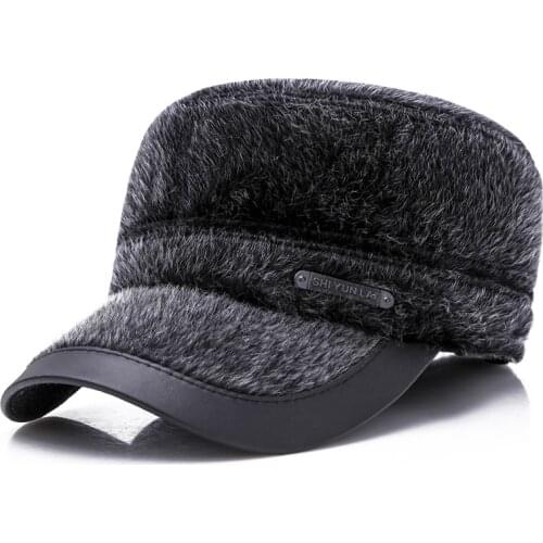 Winter hat mens middle-aged and elderly flat top hat outdoor Faux Fur thick warm ear protection cap