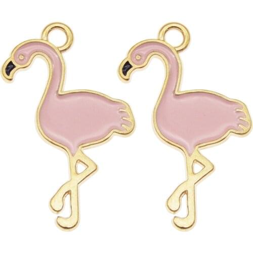 GraceAngie 10pcs Colorful Pink Enamel Gold Color Alloy Metal Base Mini Flamingo Pendant Charm for DIY Fashion Hanging Jewelry