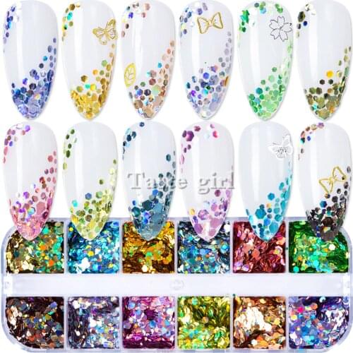 12 Grids/Set Holo Laser Hexagon Sequins 3D Nail Glitter Summer Charms Designs DIY Various Irregular Sequins Nail art dust powder