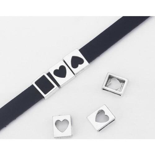 20pcs New Square Silde Spacer Carved Heart Charm Fit 10*2mm Fit 10*2mm Flat Leather