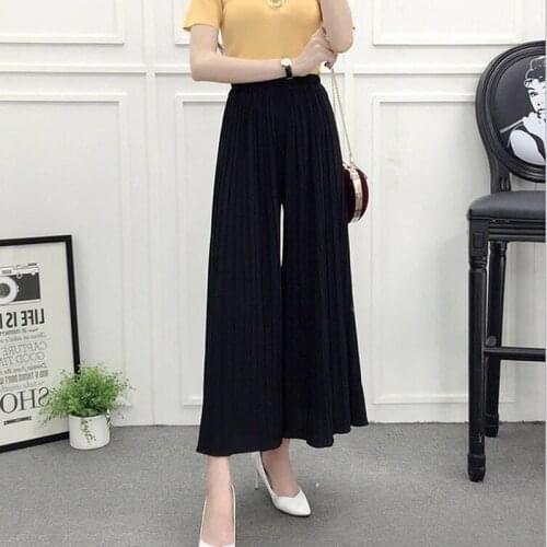 2020 New Summer Women Wide Leg Pants Pleated Student High Waist Solid Color Calf Length Pants Casual Loose Pants