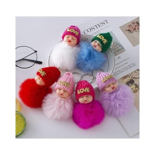 5pcsBaby Doll Toy DropshipCute Sleeping Baby Doll Key Chains For Women Bag Toy Key Ring Fluffy Pom pom Faux Fur Plush Keychains