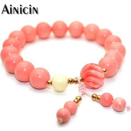 Lovely Women Summer Jewelry 10mm Round Beads Pink Shell Powered Resin Strand Bracelets 7.5'' Handmade Lucky Prayer Jewelry 5pcs
