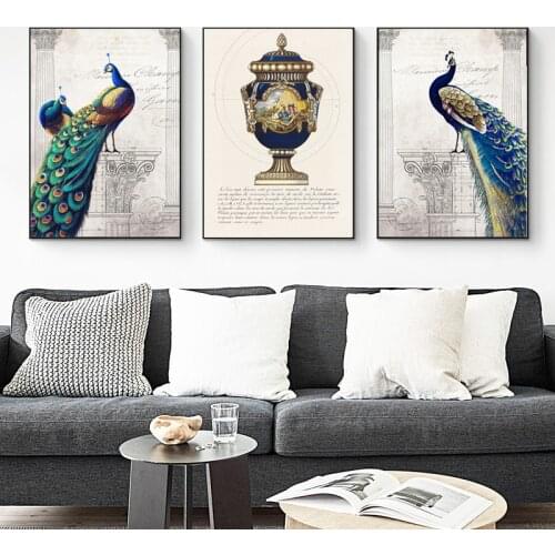 European Classic Poster Vase Peacock Canvas Painting Prints Living Room Home Dining Room Decoration Corridor Wall Art Bedroom