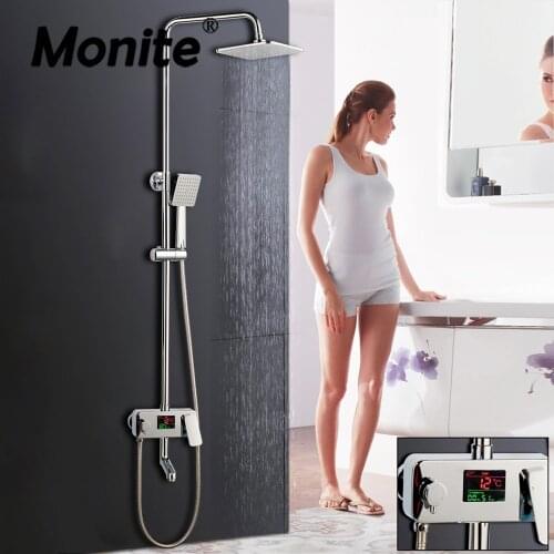 Monite Chrome Polish Rainfall Shower Faucet Set Shower Mixer Tap Tub Rainfall Temperature Digital Display Shower Faucet