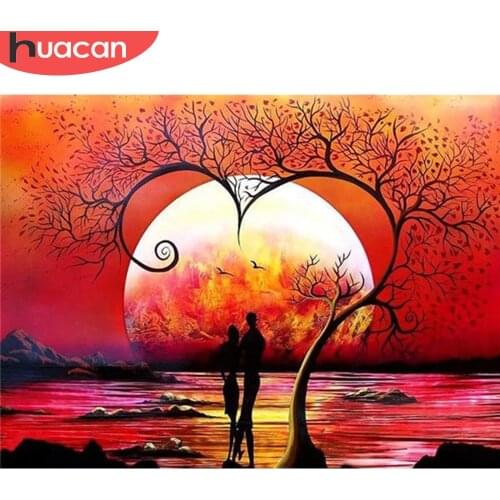 HUACAN 5D Full Drill Diamond Painting Sunset Art Rhinestone Tree Diamond Embroidery Landscape Couple Love Craft Kit Wall Art