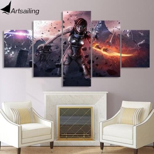5 piece canvas wall art framed mass effect Female warrior game poster canvas painting picture for decor free shipping XA2250A