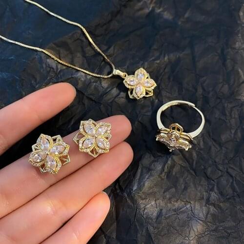 YAONUAN Titanium Steel Gold Plated Ring/Necklace/Earrings For Women Light Luxury Rotatable Four-leaf Clover Fashion Jewelry Set