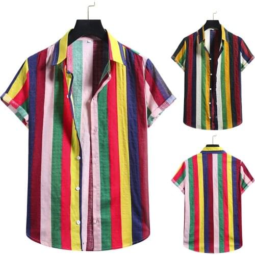 Fashion Striped Cotton Shirts Mens Casual Buttons Beach Shirt Fashion Hawaiian Short-sleeve Holiday Camisa Masculina Male Shirts