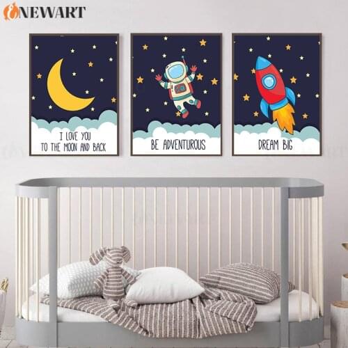 Cartoon Astronaut Rocket Space Picture Wall Painting Baby Nursery Decor Kids Bedroom Decoration Decorative Art Picture
