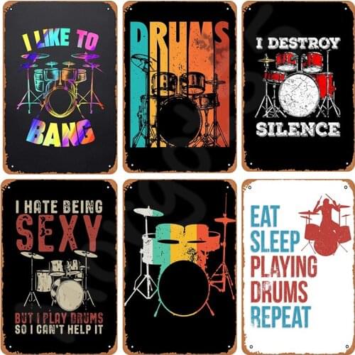 Vintage Rock and Roll Band Drums Set Tin Sign Wall Art Metal Poster Iron Plate Retro Plaque for Club Bar Pub Home Decoration