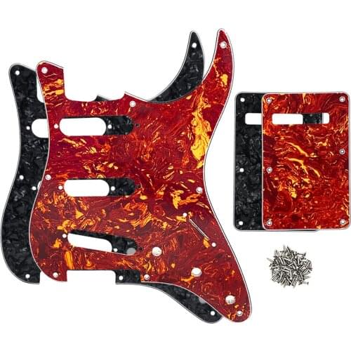 FLEOR Set of Red Tortoise+Black Pearl Vintage 8 Hole Guitar Pickguard SSS ST & Back Plate & Screws for Guitar Parts