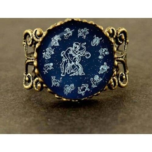 2017 New Trendy Aquarius Ring Zodiac Sign Astrological Water-bearer Jewelry Glass Blue Moon Ring Birthday Gift