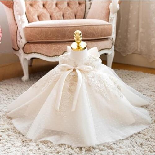 New Arrival Beige Tulle Baby Girls Dresses for First Birthday Beads Lace Tutu Kids Clothes Baptism Gown