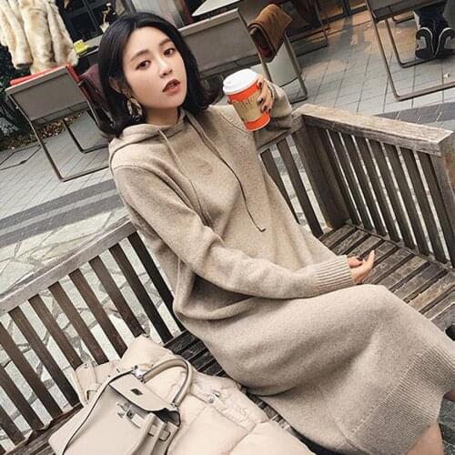 Fashion womens dress 2020 autumn and winter new mid-length hooded knitted skirt gentle wind sweater skirt
