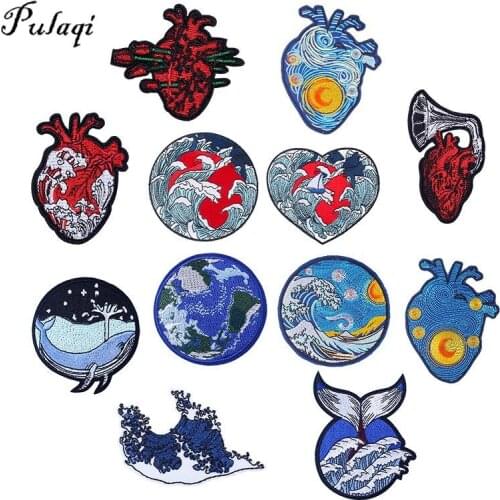 Pulaqi Heart Patches For Clothing Embroidered Iron On Human Organs Patches Badges Stripes On Clothes Outdoor Wave Applique Decor