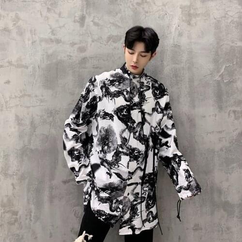 2021 New Men Vintage Pattern Print Fashion Casual Long Sleeve Shirts Oversized Male Stand Collar Long Dress Shirts