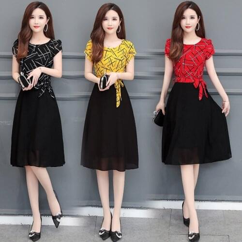 Printed Chiffon A-Line Dress Women Mid Long Summer Korean Version Small Fresh Waist Slim College Style Lace Up Lady Skirt Summer