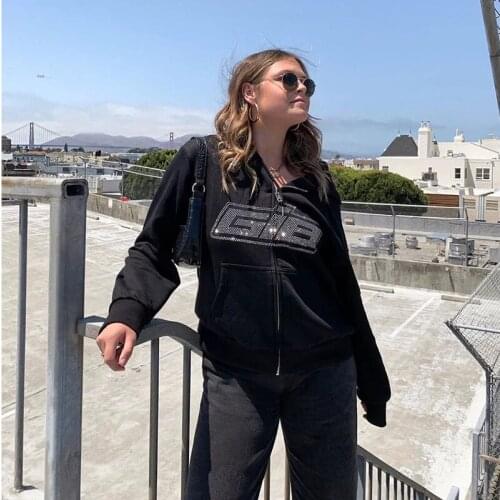 Rhinestone Letter Print Women Long Sleeve Sweatshirt Hoodis Zipper Loose Oversized Streetwear Casual 2021