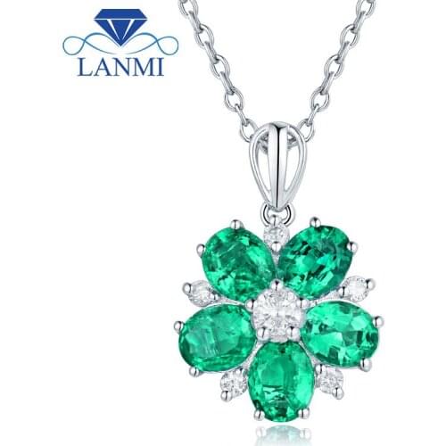 Wedding Promised Gold Jewelry Solid AU750 White Gold Oval Shape Green Zambia Emerald Shinning Diamond Pendant Necklace for Wife