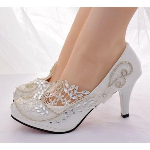 8cm/5cm heel ivory lace silver crystal wedding shoes bride platforms plus size HS387 round toes slip on bridesmaid party pump