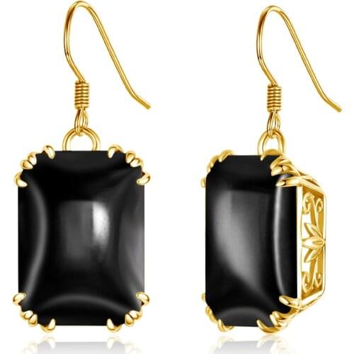 Szjinao 2020 Gold Earrings For Women Luxury Genuine 925 Sterling Silver Earrings With Black Onyx Gemstone Trendy Fine Jewelry