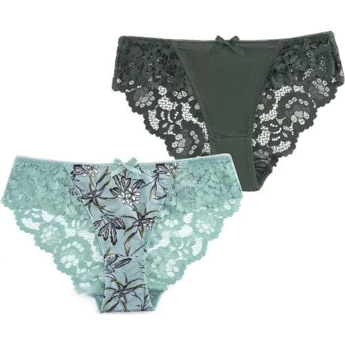 Big Size 2PCS Pack Sexy Printing Lace Panties Womens Underwear Sexy Floral Print Lace Briefs Tangas Knicker Soft Lace Panty