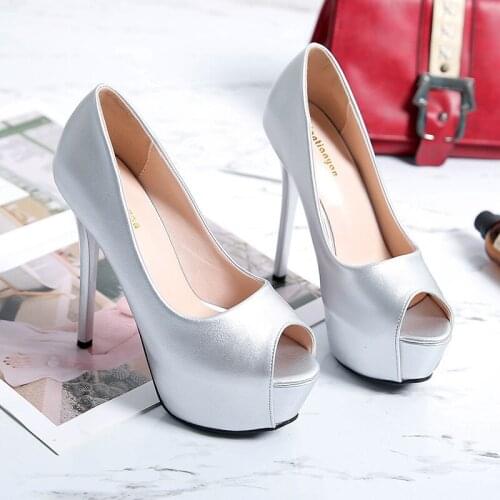 Women Pumps Heeled Shoes PU Slip On 14.5CM Thin High heel Peep Toe fashion Casual Dress Party Wedding waterproof women shoes