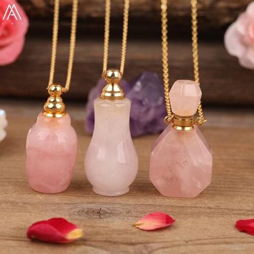 Women Unique Pink Quartz Gourd Shape Perfume Bottle Gold Chains Necklace Crystal Essential Oil Vial Pendant Jewelry Dropship
