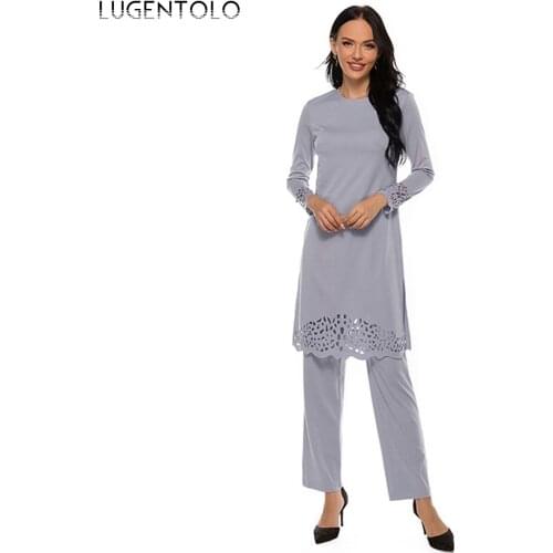 Muslim Sets Women Chiffon Muslim Fashion Long Sleeve Spring Summer Elegant O-neck Tops Straight Long Pants Thin Sets Lugentolo