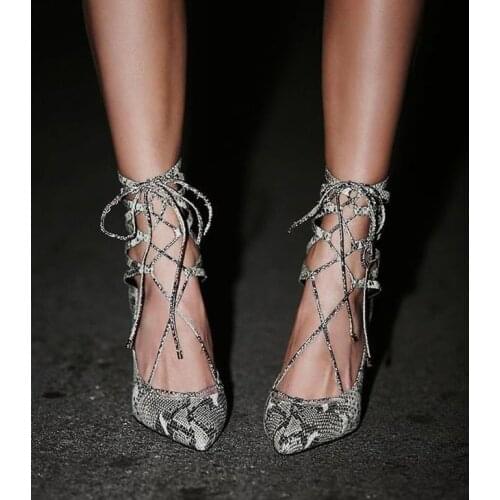 Woman Sexy Ankle Strap Cross-Tie Pumps Cutout Python High Heels Pointed Toe Street Fashion Dress Heels