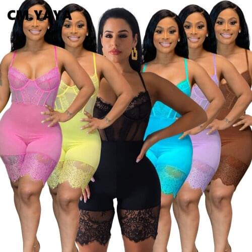CM.YAYA 2021 Summer Shorts Jumpsuits Mesh See Though Womens Romper Bodycon Skinny Playsuit Streetwear Strap Overall Outfit
