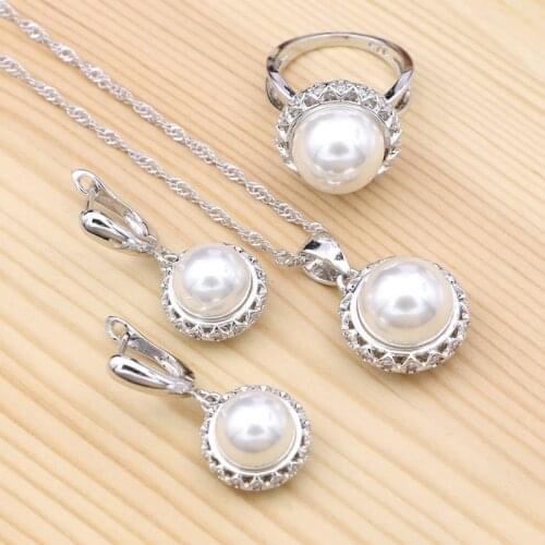 925 Sterling Silver Bridal Jewelry Sets White Pearl For Women wedding Accessories Earrings/Ring/Pendant/Necklace