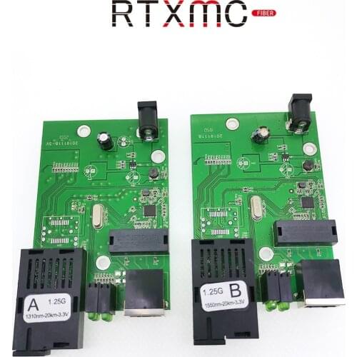 2PCS FTTH Gigabit Fiber Optical Media Converter 1000Mbps Single Mode Single Fiber SC Port 20KM PCBA with Power Adapter