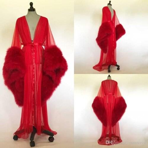 2020 Fur Women Robe Long Sleeve Sexy Red Nightgown Deep V Neck Ruffles Sleepwear Bathrobe Pajamas New Prom Bridesmaid Shawel