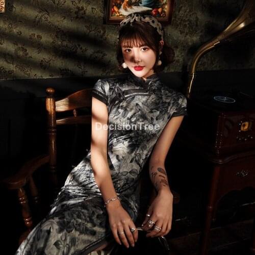 2021 chinese dress satin vintage flower print women oriental dress cheongsam modern female china elegant casual party qipao