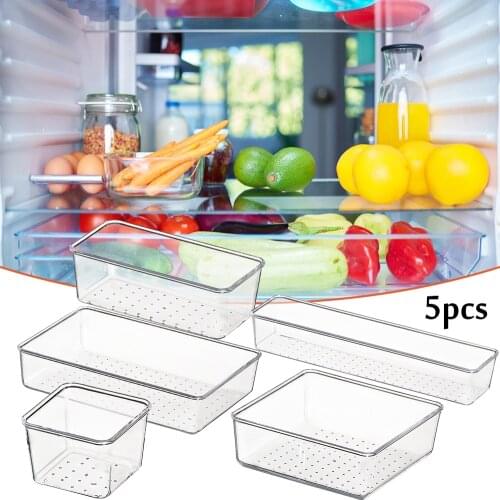 5pcs Set Plastic Clear Desk Drawer Organizers Tray Different Size Vanity Divider Organizers For Kitchen Refrigerator Storage Box