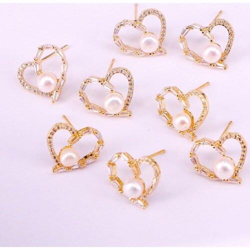 6Pairs, 16*14MM, Clear CZ Freshwater Pearl Heart Stud Earrings Crystal Zirconia Fashion Jewelry For Women Engagement Earring
