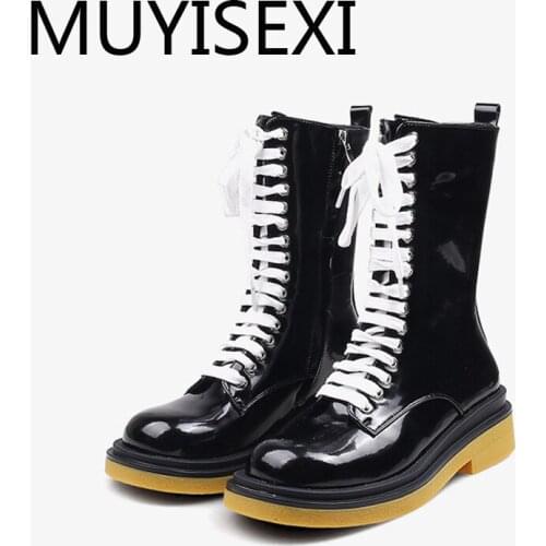 Full grain leather 4.5cm thick med heel round toe cross-tied lace up side zipper mature style fashion ankle boots HL279 MUYISEXI