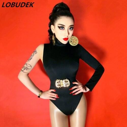 Black Red One-shoulder Bodysuit Single Shoulder Stretch Tights Bar Nightclub Women Singer Dancer Costume DJ Jazz Show Stage Wear