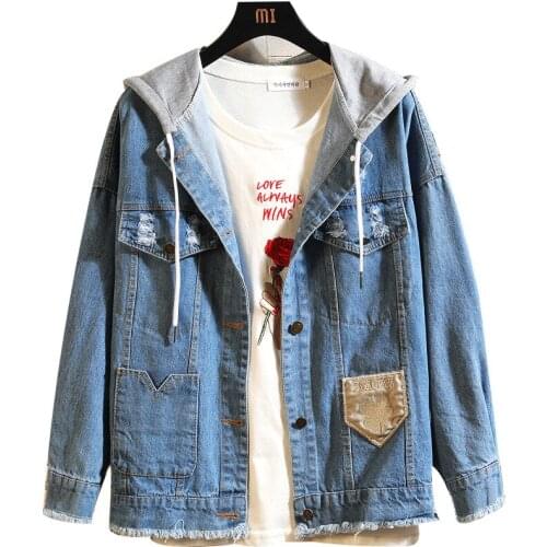 Hooded Fashion Denim Jacket 2020 Autumn Fashion Unisex Couple Wear Elegant Blue Long Sleeve Street Denim Coat