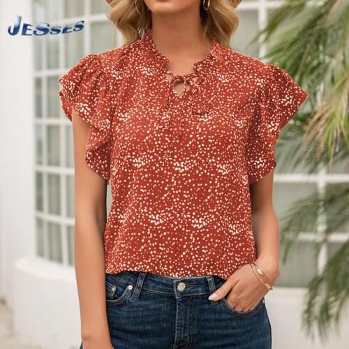 Elegant Polka Dot Printed T-shirt Short Ruffle Sleeve Ladies High Quality Pullovers Summer Beach Wears Lace Up Women Clothing XL
