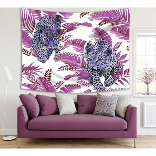 Tapestry Leopards and Palm Leaves Tropical Jungle Nature Wild Animal Watercolor Painting Artwork Purple Blue White